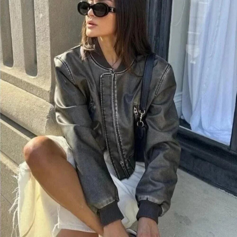 Zara Bomber Jacket Faux Leather Worn Streetwear Grunge Blogger Favorite Size M
